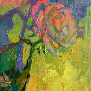 A rose in a colourful light with bold shadows, painted with oil