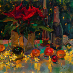 Still life painting with Christmas ornaments and lights, mandarins, champagne, Poinsettia plant, a candle and a Christmas tree in the background