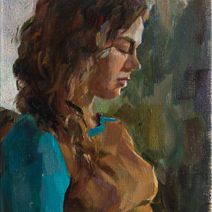 Portrait painting of a young woman in thoughts