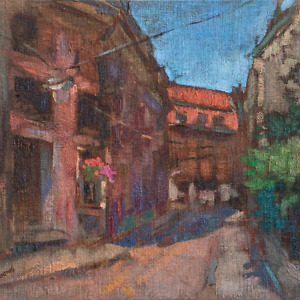 A street in the historic city center of Riga, painted with oil on canvas