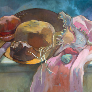 Still life painting with sea shells, sun hat, comb and a pink scarf