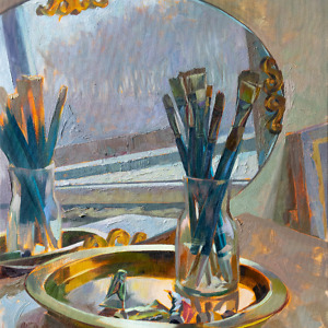 Still life painting with brushes, paint tubes, a golden tray and a mirror