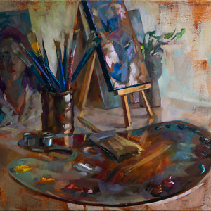 Oil painting of a palette, artist brushes and artworks, in brown tones