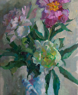 Oil painting of pink and white peonies in muted colours