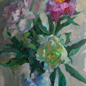 Oil painting of pink and white peonies in muted colours