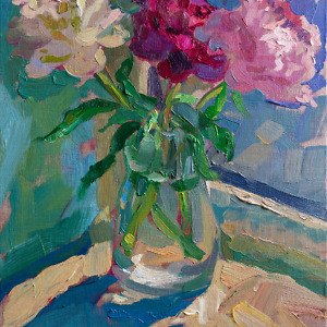 Oil painting of peonies in a glass vase lit by the sun