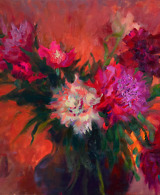 A dynamic composition of pink and white peonies set against a coral-colored background illuminated by a warm red glow