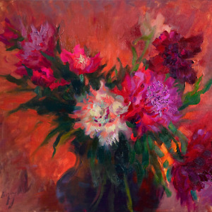 A dynamic composition of pink and white peonies set against a coral-colored background illuminated by a warm red glow