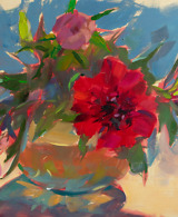 Sunlit peonies painted with oil on wood