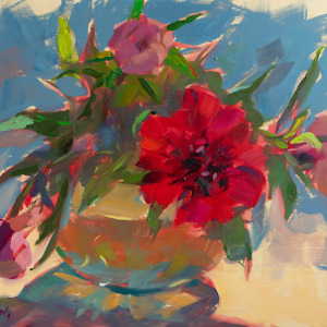 Sunlit peonies painted with oil on wood