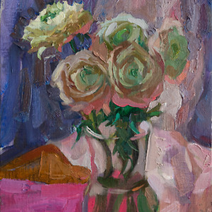 Persian buttercups in a vase on pink and purple background, painted with oil