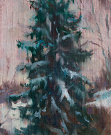 Snow-draped pine tree painted with oil on canvas