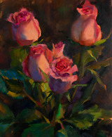 Realistic oil painting of pink roses on a dark background