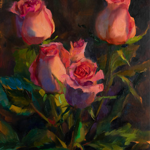 Realistic oil painting of pink roses on a dark background