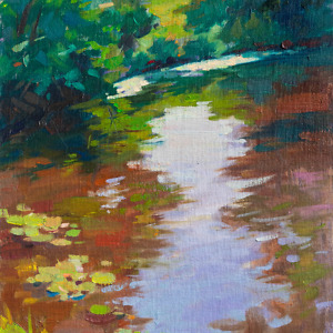 Water lilies in the pond with trees and reflections. Painted with oil on canvas