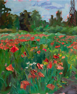 Landscape painting of a poppy field