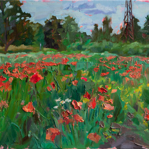 Landscape painting of a poppy field