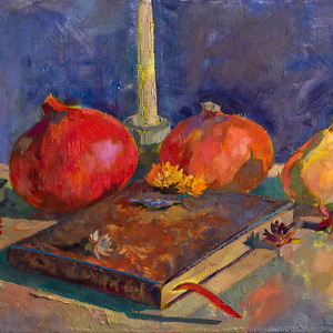 Still life painting with pumpkins, books, candles, and dried flowers