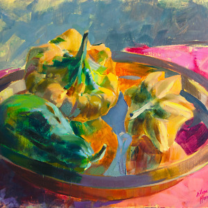 Still life painting with pumpkins on a golden tray