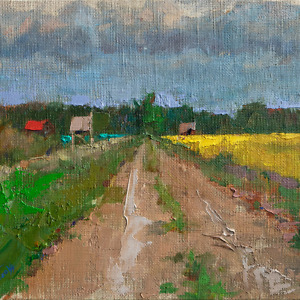 The road going into the distance in the middle of two fields, painted with oil on canvas