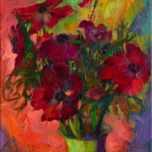 Red Anemones on colorful background, oil on canvas painting