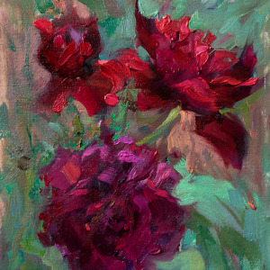 Painting of red and pink roses in the garden