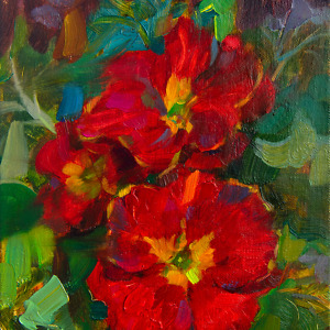 Vibrant red viola flowers painted with oil on canvas