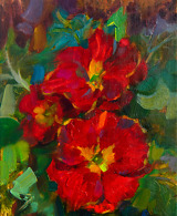 Vibrant red viola flowers painted with oil on canvas