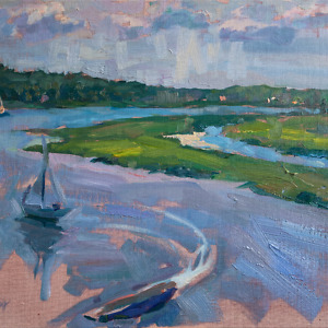 Landscape painting of a river and boats in light blue and green colours