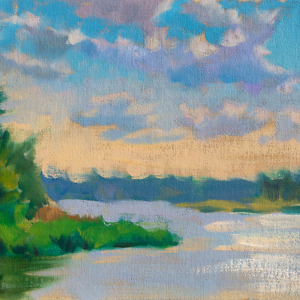 A sunlit river flowing gracefully under the caress of clouds on a serene day, painted with oil on canvas