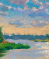 A sunlit river flowing gracefully under the caress of clouds on a serene day, painted with oil on canvas