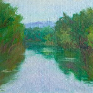 A river surrounded by greenery, painted with oil