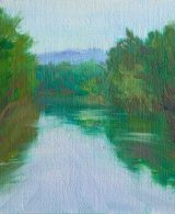 A river surrounded by greenery, painted with oil