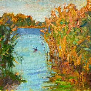 Impressionistic painting capturing a river scene illuminated by sunlight, featuring tall reeds and a duck swimming by