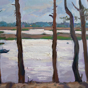 Landscape painting of trees on the hill and a river in the background in light blue and purple tones