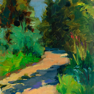 Painting of a dirt road surrounded by trees and bushes