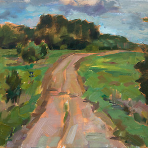 Landscape painting depicting a countryside road