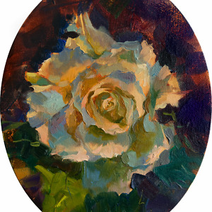 Oval oil painting of a white rose on a dark background