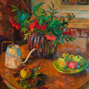 Still life with rowan, apples, autumn leaves and a watering can in earth tones