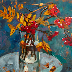 Still life painting of rowan branches with berries in a transparent glass vase