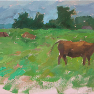 Rural landscape painting depicting cows grazing in a field