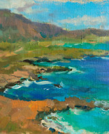 Landscape painting, displaying a turquoise sea stretching into the distance with beautiful mountains in the background