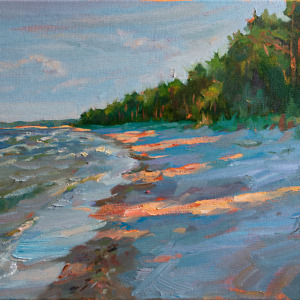 The Baltic sea and the forest at the sunset painted with oil