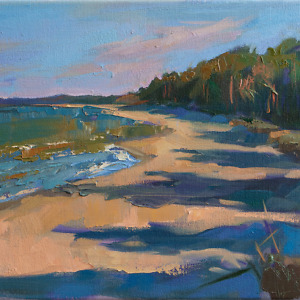 The sea and the forest in the evening light painted with oil