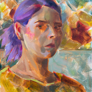 Portrait of a young woman with purple hair