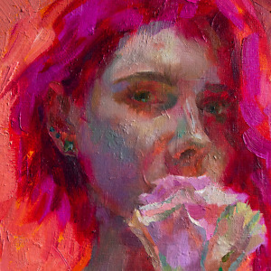 Self portrait with pink hair and a rose