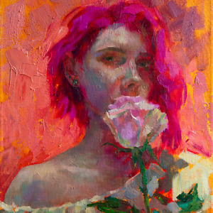 Self portrait painting by Elena Morozova, depicting a woman with pink hair holding a rose