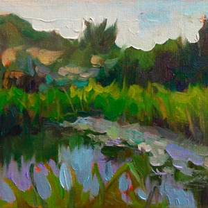 Serene pond with a grazing cow, painted with oil on canvas