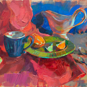 Bright still life painting with fruit and tableware on red and blue background