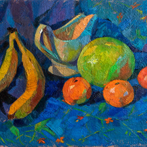 Still life painting with fruit and a ceramic creamer on a bright blue background